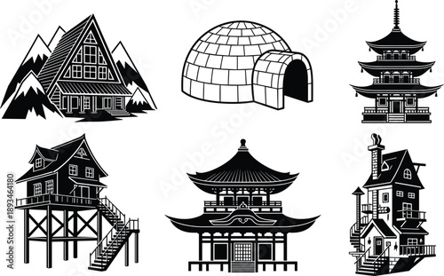Traditional and fantasy building silhouettes, pagoda igloo mountain cabin stilt house temple architecture icons, black vector illustration set, design collection