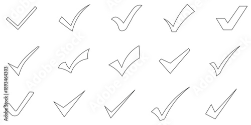 Collection of fifteen diverse handdrawn outline checkmark icons symbolizing approval completion and success in graphic design