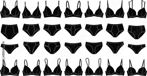 Women lingerie silhouette set with bras and panties, underwear collection shapes, feminine apparel icons, black vector illustration pack