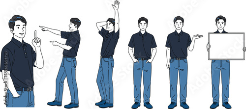 Young man character poses set, pointing presenting holding sign gestures, casual outfit people illustration, modern flat vector design collection