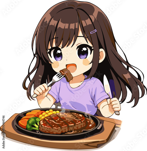 Girl Eating Beef Steak Illustration