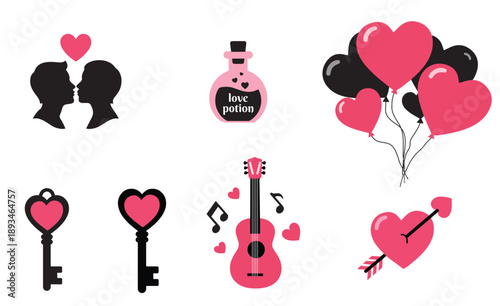 Valentine's Day icon set: Love potion, couple silhouette, and guitar vector elements