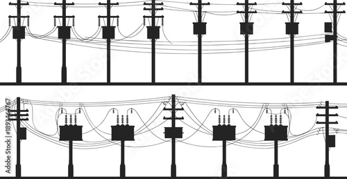 Electrical utility poles, transformers, power lines, distribution network, infrastructure system, flat vector