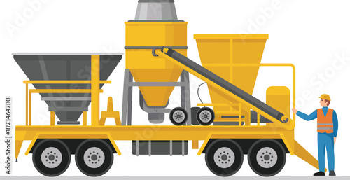 Mobile concrete batching plant, trailer mounted, construction site, industrial mixer, flat vector