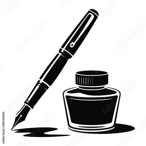 Elegant fountain pen with fine nib next to inkwell bottle illustrating traditional calligraphy and sophisticated writing instruments