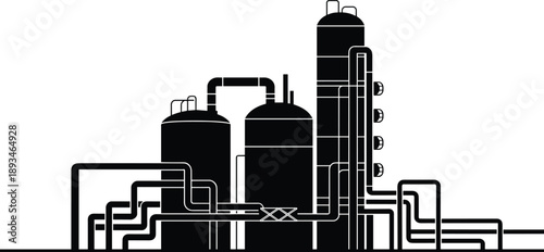 Chemical processing plant silhouette, distillation column, vertical tanks, piping system, industrial facility, flat vector