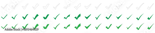 Diverse collection of checkmark icons in outline solid green and threedimensional styles for various approval concepts