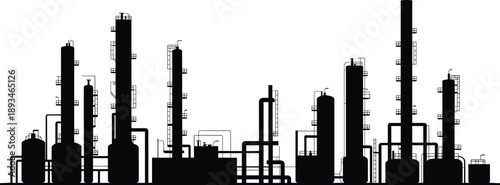 Chemical plant silhouette, distillation columns, storage tanks, piping system, industrial refinery structure, flat vector