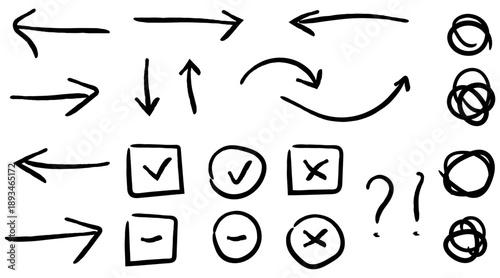 Handdrawn doodle arrows check marks cross symbols minus signs and expressive elements for creative graphic design