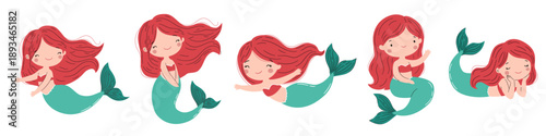 A collection of flat vector illustrations. A cute mermaid with red hair in different poses. . Vector illustration