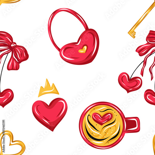 Seamless Valentine Day pattern with hearts, coffee cups, keys, bows and romantic symbols, vector in cute hand drawn cartoon style for textiles, wallpaper, wrapping, packaging and love themed designs