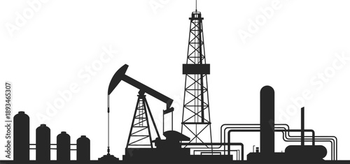 Oil refinery silhouette, pumpjack, derrick, storage tanks, piping system, extraction facility, flat vector