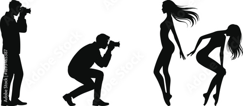 Photographers and models silhouette, camera poses, fashion shoot, artistic interaction, human form, flat vector