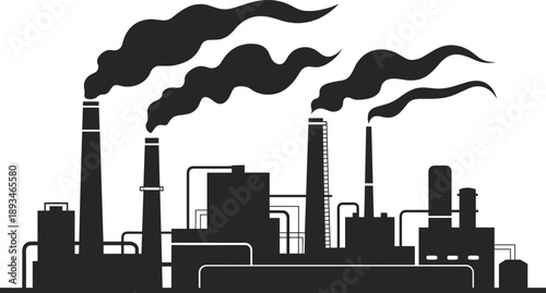 Industrial factory silhouette, smokestacks, pollution, processing plant, urban infrastructure, manufacturing site, flat vector