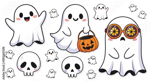 Cute cartoon Halloween ghosts and skulls illustration with various expressions and accessories.