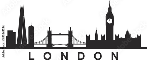 London skyline silhouette, iconic landmarks, Big Ben, Tower Bridge, architecture, tourism, flat vector