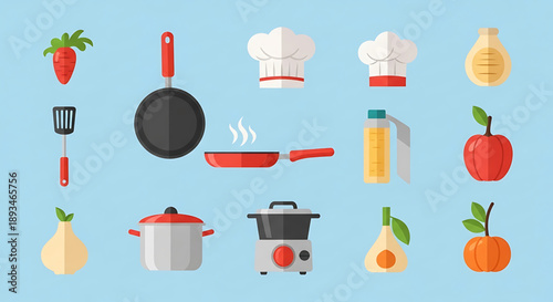 Diverse flat design vector illustration set featuring essential kitchen utensils, cooking equipment, and fresh organic ingredients for culinary projects and healthy eating concepts