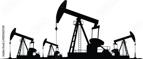 Oil pumpjack silhouette, extraction machinery, energy industry, drilling site, equipment, flat vector