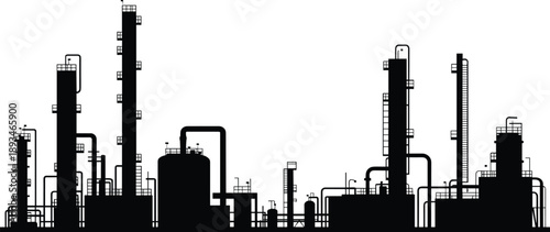 Industrial refinery silhouette, distillation columns, chemical plant, storage tanks, piping system, flat vector