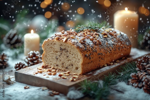 Loaf of bread adorned with nuts and pine.