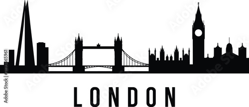 London skyline silhouette, Tower Bridge, Big Ben, Westminster, Shard, iconic landmarks, flat vector