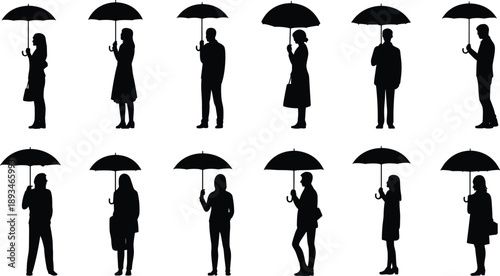 People holding umbrella silhouettes set standing poses rain protection male and female isolated black vector illustration