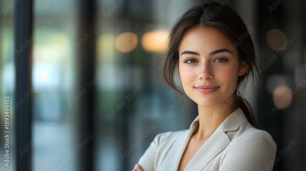 Obraz premium Portrait of a beautiful young woman smiling and looking at camera. Woman portrait