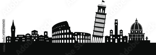 Italy landmarks silhouette, Leaning Tower, Colosseum, Florence Cathedral, cultural architecture, flat vector