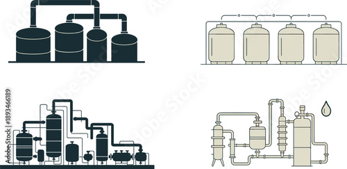 Chemical processing systems, tanks, pipes, valves, industrial layout, purification unit, infrastructure, flat vector
