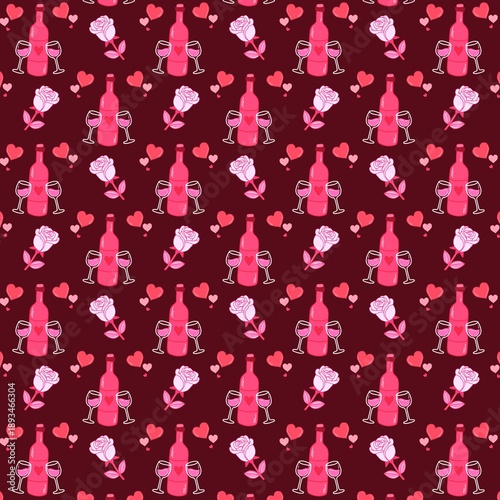 Valentine Rose and Wine Seamless Pattern Romantic Floral Repeat Background