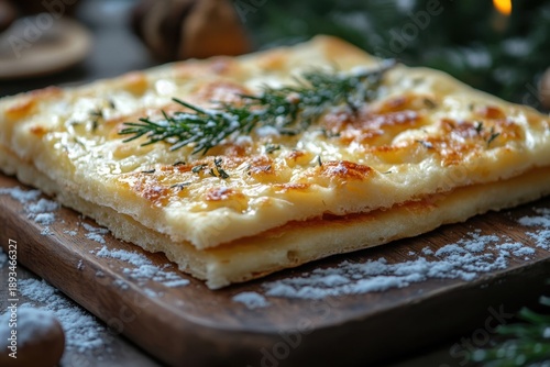 A piece of bread on a wooden board.