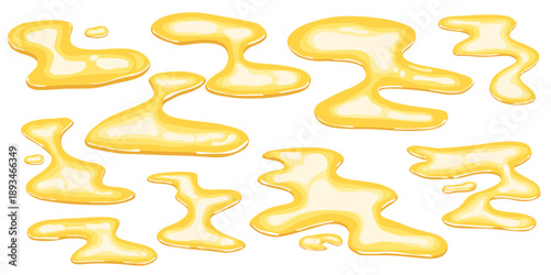 Yellow cartoon liquid splash collection with wavy fluid stains and playful puddle shapes. Flat watery vector set for creative backgrounds frames splat graphics and fun design accents