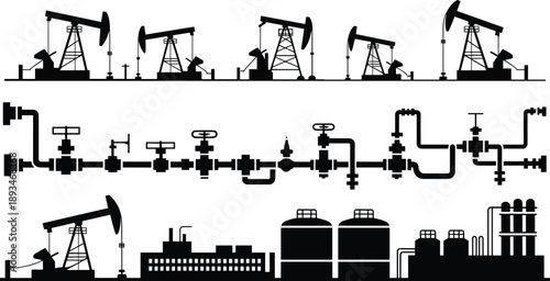 Oil pumpjack, pipeline system, refinery plant, storage tanks, energy infrastructure, silhouette, flat vector