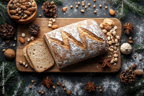 Loaf of bread with nuts on a cutting board