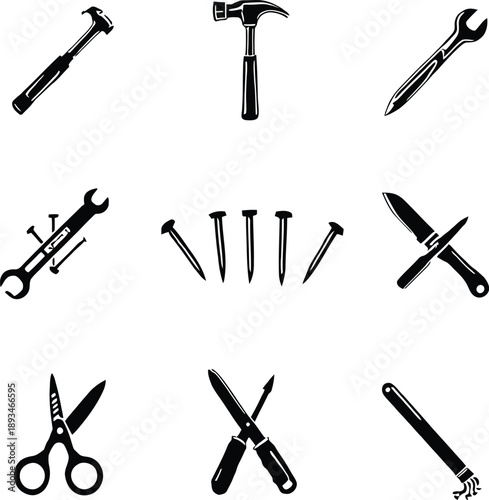 A collection of various tools and equipment in silhouette mode