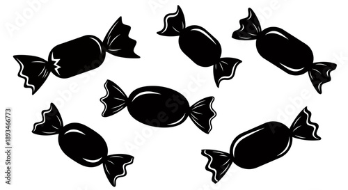 Black and white image of six wrapped candies, arranged in a circular pattern.