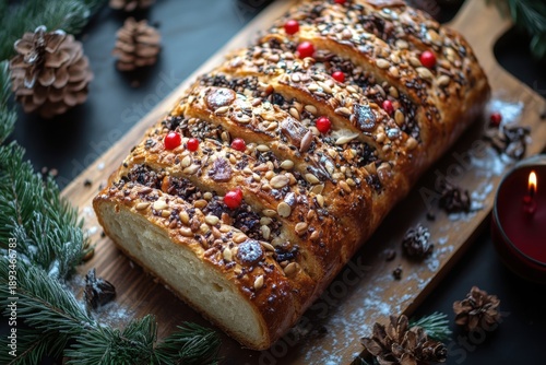 Loaf of bread with nuts on a wooden cutting board.