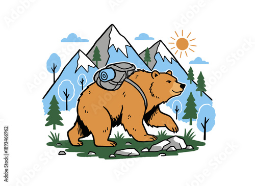 Bear hiking vintage illustration for apparel. Grizzly bear backpacker design. Mountain Outdoors t shirt vector design. Adventure wild nature graphic p