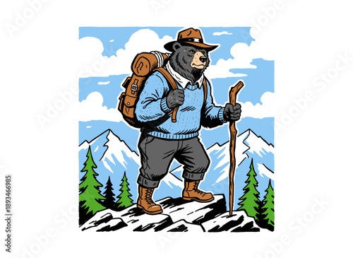Bear hiker vintage artwork for t-shirt. Mountain adventure vector graphic. Outdoors apparel print design. Trekking bear mascot illustration. Keep natu