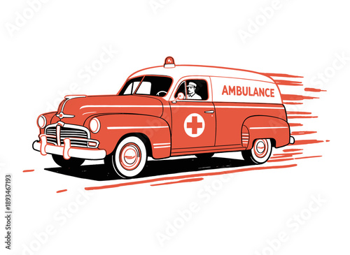 Vintage ambulance moving fast vector illustration. Retro emergency medical services artwork. Classic vehicle design for t-shirt print. Old style emerg