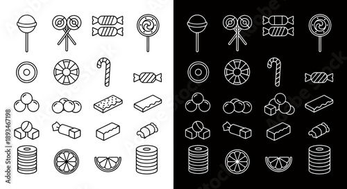 Collection of various candies and sweets, presented in a simple line art style.