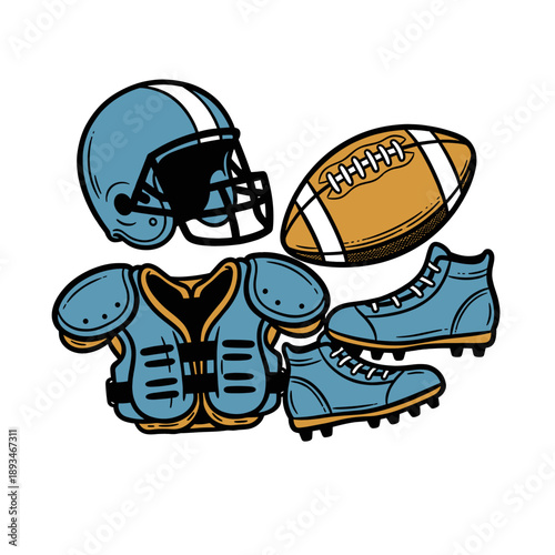American football champion league artwork. Football gear illustration. Helmet shoulder pads and cleats sketch. Sports artwork for t-shirt design. Game