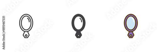 Hand mirror icon set in line, solid and filled outline colorful style. Mirror icon vector sign and symbol for beauty routine, makeup and grooming.