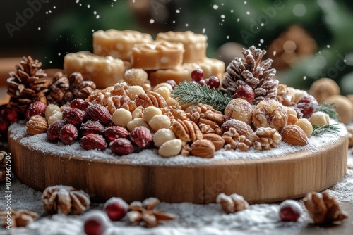 Wooden bowl filled with nuts and almonds.
