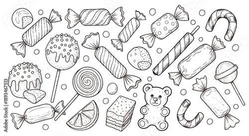 Black and white illustration of various candies, sweets, and treats, perfect for coloring.