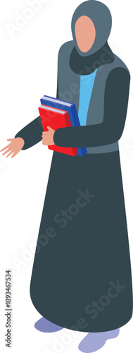 Muslim teacher wearing traditional clothing holding books and gesturing in isometric view