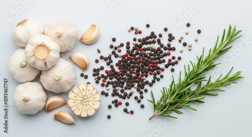 Wallpaper Mural Fresh garlic bulbs, cloves, black peppercorns, and rosemary sprigs on a light background Torontodigital.ca