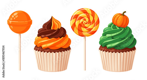 A collection of Halloween-themed sweets, including lollipops and cupcakes with festive decorations.