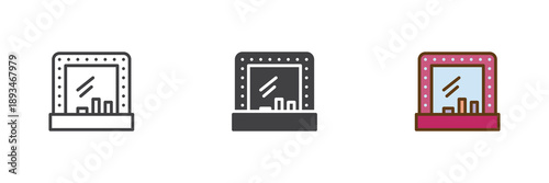 Dressing table icon set in line, solid and filled outline colorful style. Vanity table icon vector sign and symbol for beauty room, makeup and icon decor.