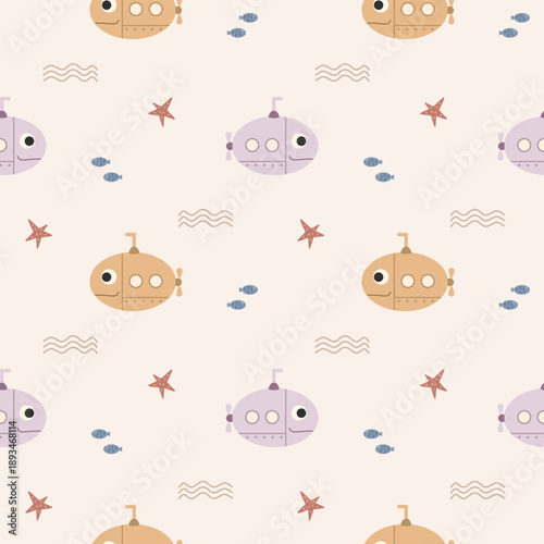 Submarine smile cartoon so cute. On wave fish starfish background. Pattern seamless vector illustration. 